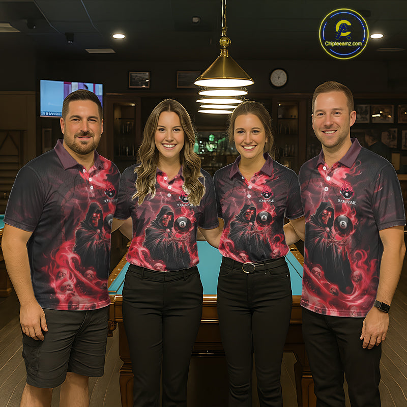 Grim Reaper Red Flames 8 Ball Pool Women Polo & 1/4-Zip Shirt Personalized Skull Billiard Gifts NYN2433