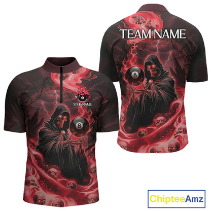 Grim Reaper Red Flames 8 Ball Pool Men Polo & 1/4-Zip Shirt Personalized Skull Billiard Gifts NYN2433
