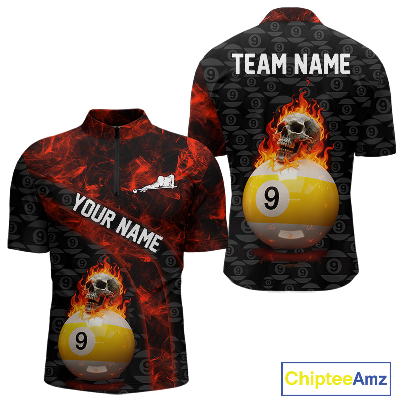 Fire Skull 9 Ball Pool Billiard Team Shirt For Men Custom Red Flames Billiard Ball & Cue Gifts NYN2437