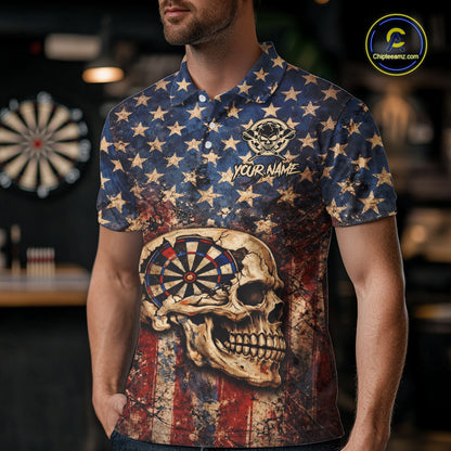 US Flag Retro Cracked Skull Dartboard Men Darts Polo Shirt Custom Patriotic Vintage Dart Shirt NYN2660