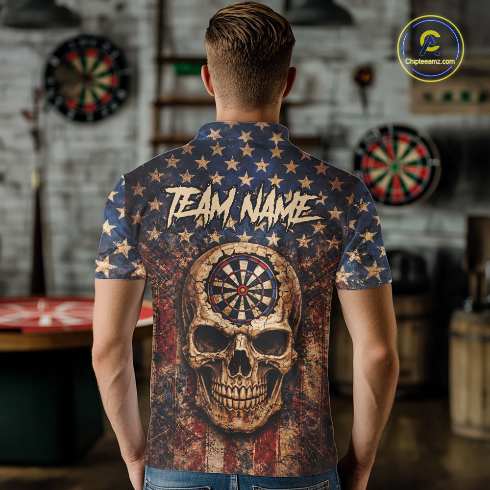 US Flag Retro Cracked Skull Dartboard Men Darts Polo Shirt Custom Patriotic Vintage Dart Shirt NYN2660