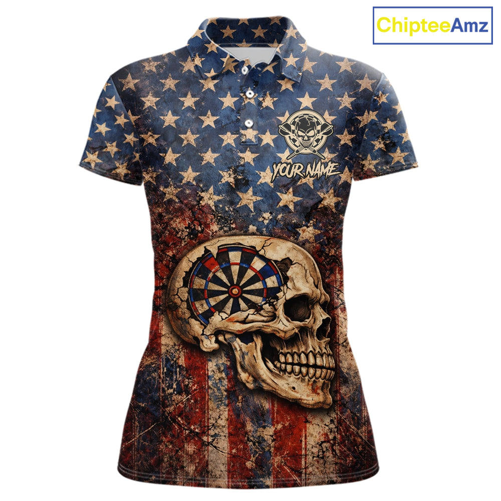 US Flag Retro Cracked Skull Dartboard Women Darts Polo Shirt Custom Patriotic Vintage Dart Shirt NYN2660