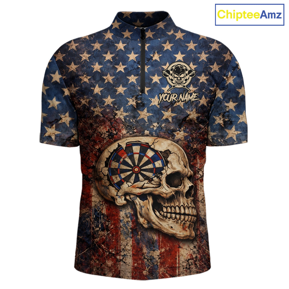 US Flag Retro Cracked Skull Dartboard Men Darts Quarter-Zip Shirt Custom Patriotic Vintage Dart Shirt NYN2660