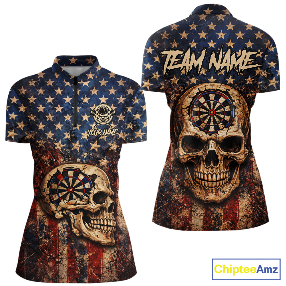 US Flag Retro Cracked Skull Dartboard Women Darts Quarter-Zip Shirt Custom Patriotic Vintage Dart Shirt NYN2660