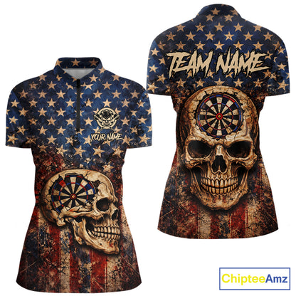 US Flag Retro Cracked Skull Dartboard Women Darts Quarter-Zip Shirt Custom Patriotic Vintage Dart Shirt NYN2660