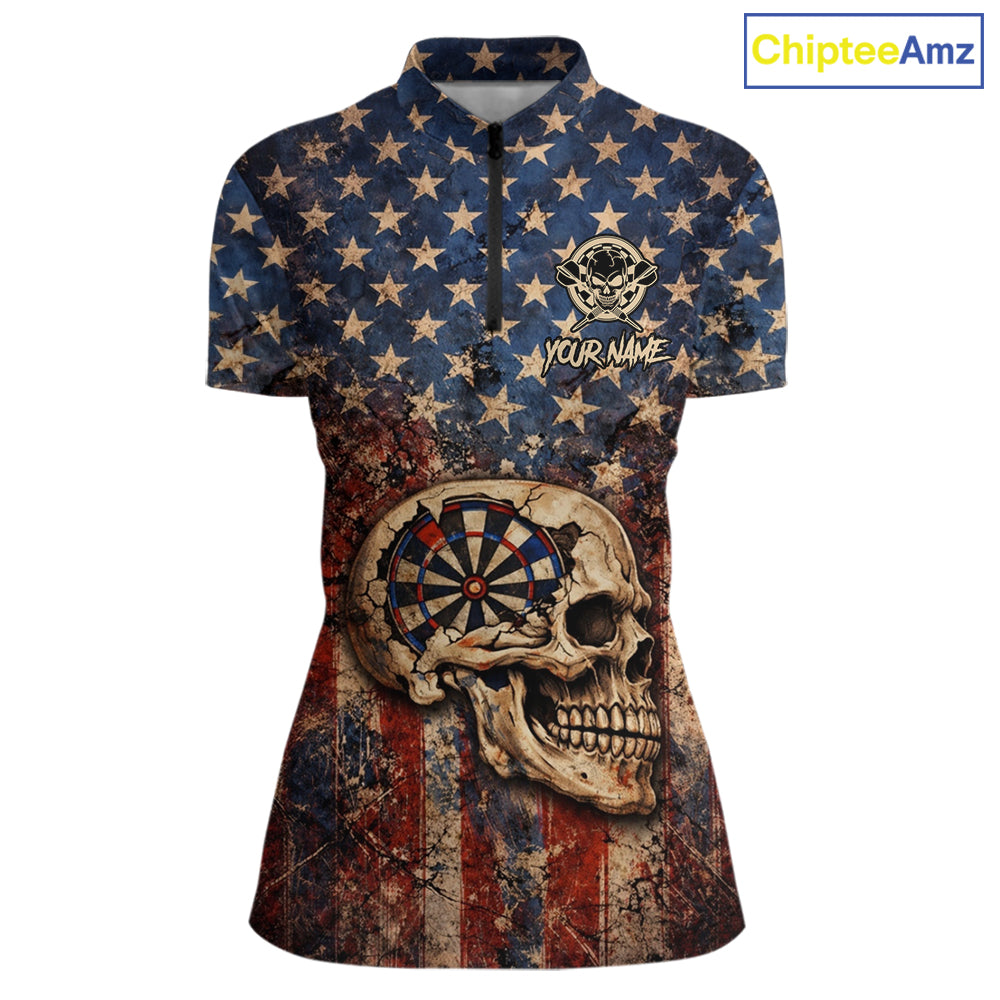 US Flag Retro Cracked Skull Dartboard Women Darts Quarter-Zip Shirt Custom Patriotic Vintage Dart Shirt NYN2660