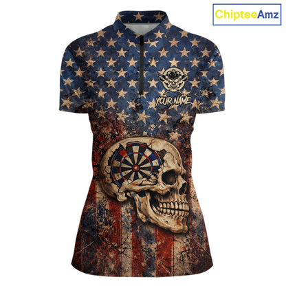 US Flag Retro Cracked Skull Dartboard Women Darts Quarter-Zip Shirt Custom Patriotic Vintage Dart Shirt NYN2660