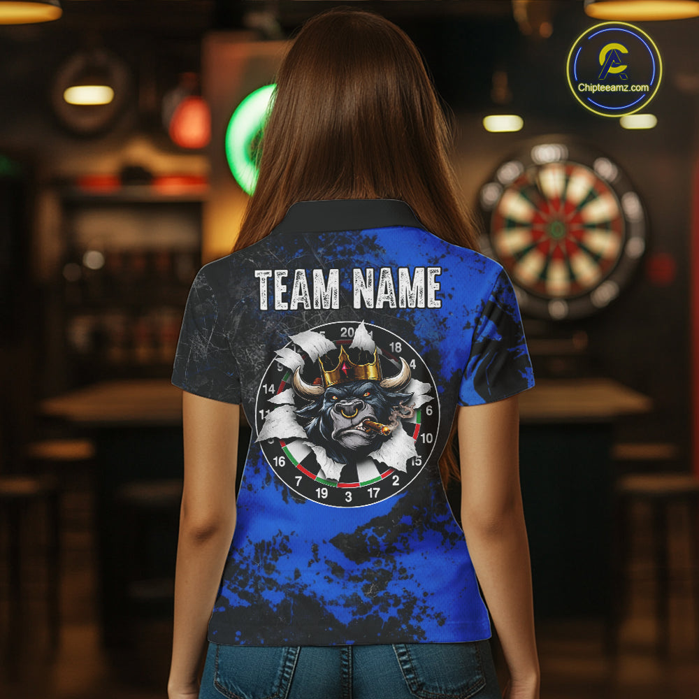 Personalized Black & Grunge Crown Blue Funny Bull Cracked Darts Shirts For Women Dart Team Jerseys NYN2817