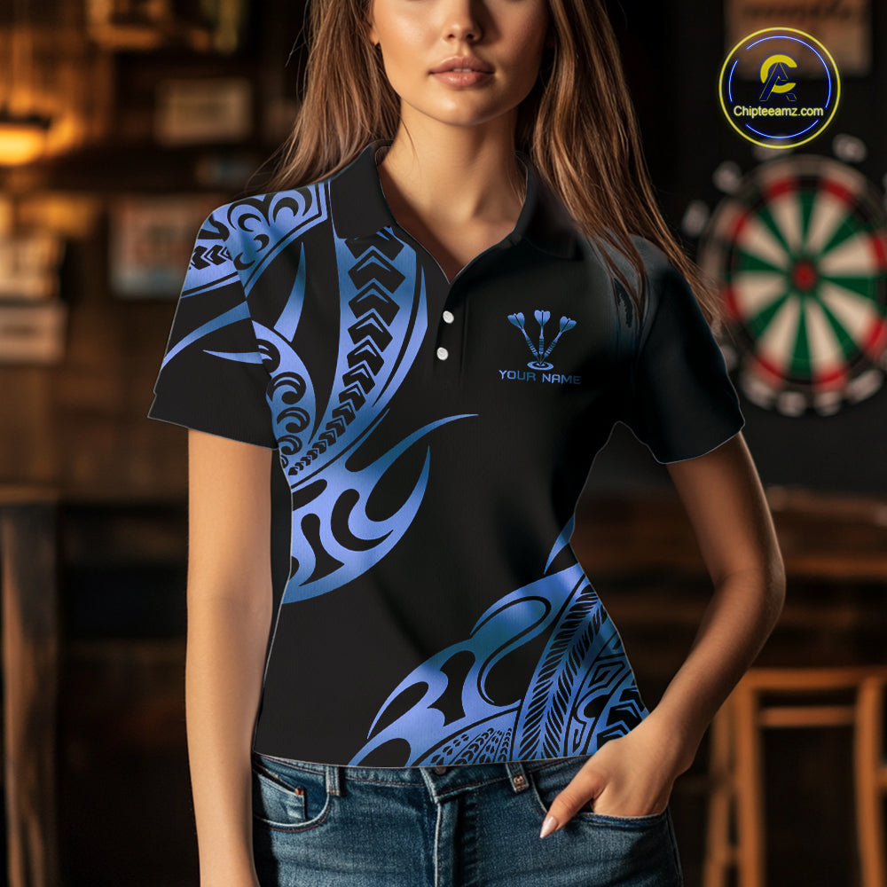 Custom Black & Light Blue Dartboard & Arrow Darts Polo & 1/4-Zip Shirts For Women Dart Team Jerseys NYN2820