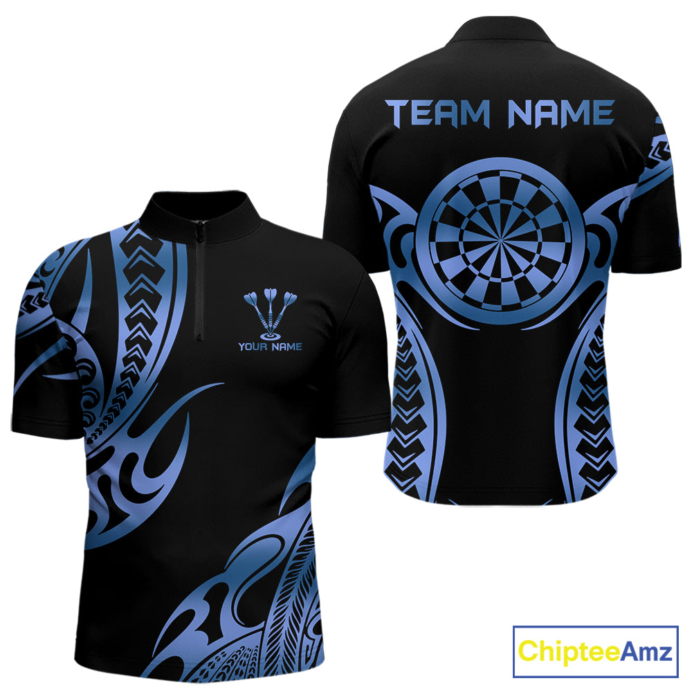 Custom Black & Light Blue Dartboard & Arrow Darts Polo & 1/4-Zip Shirts For Men Dart Team Jerseys NYN2820