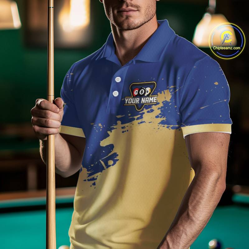 Gold Blue Splatter Billiard Custom Men Billiard Polo & 1/4-Zip Shirts Pool Billiard Team Jerseys NYN3013