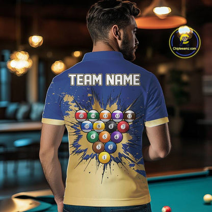Gold Blue Splatter Billiard Custom Men Billiard Polo & 1/4-Zip Shirts Pool Billiard Team Jerseys NYN3013
