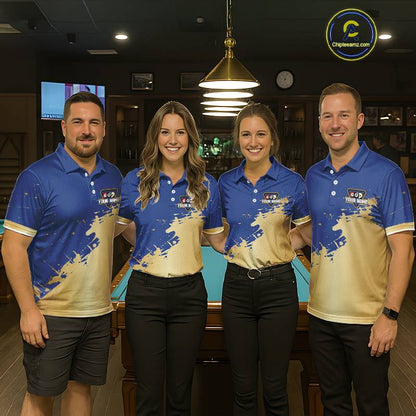 Gold Blue Splatter Billiard Custom Women Billiard Polo & 1/4-Zip Shirts Pool Billiard Team Jerseys NYN3013