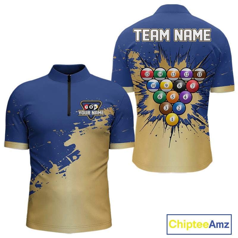 Gold Blue Splatter Billiard Custom Men Billiard Polo & 1/4-Zip Shirts Pool Billiard Team Jerseys NYN3013