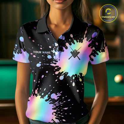 Holographic Rainbow Pool Billiard Shirts For Women Custom Flame 8 Ball Pool Billiard Team Jerseys NYN3016