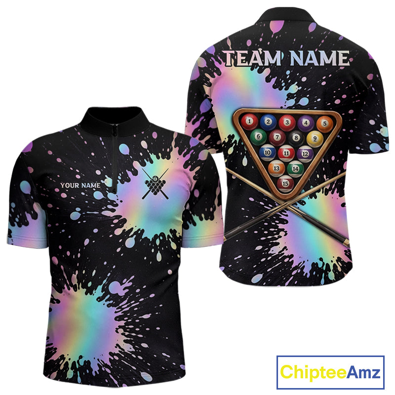Holographic Rainbow Pool Billiard Shirts For Men Custom Flame 8 Ball Pool Billiard Team Jerseys NYN3016