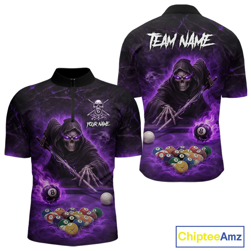 Grim Reaper Plays Billiard Pool Men Billiard Shirts Custom Flame Skull 8 Ball Billiard Team Attire NYN3017