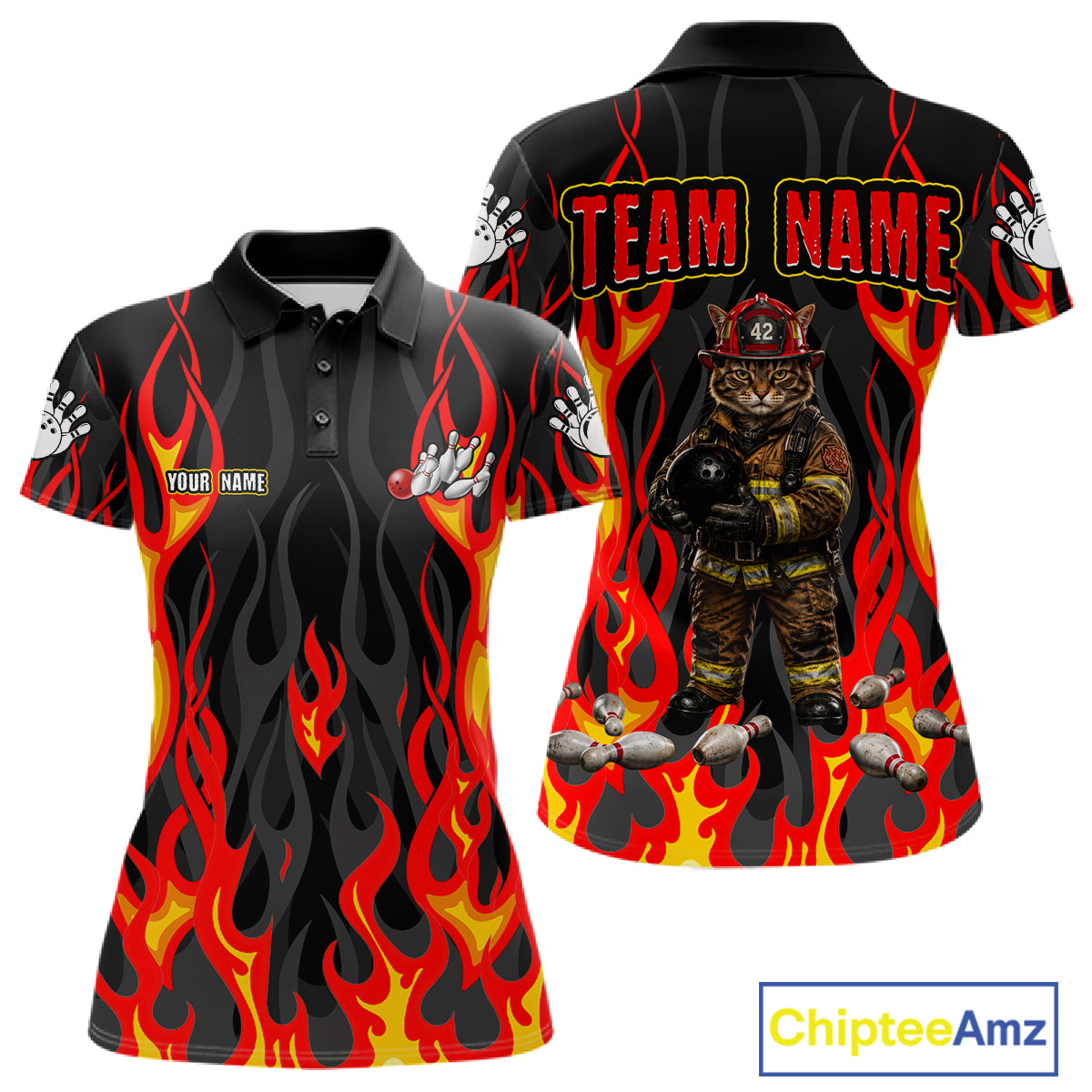 Personalized Funny Cat Firefighter Fire Flame Women Bowling Shirt Custom Team Shirts For Bowlers NYN3191