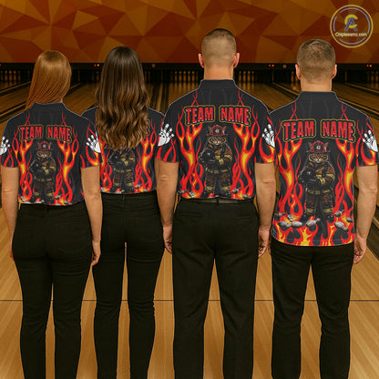 Personalized Funny Cat Firefighter Fire Flame Women Bowling Shirt Custom Team Shirts For Bowlers NYN3191