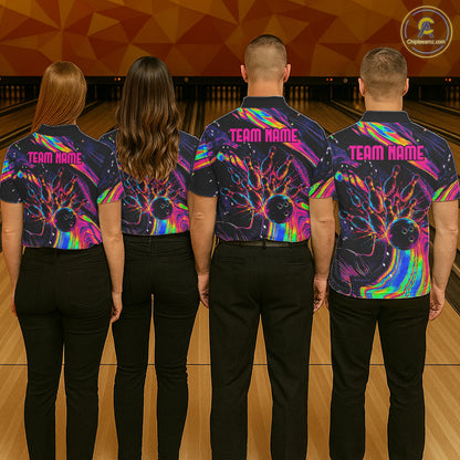 Custom Skull Holographic Bowling Shirt Bowling Team League Colorful Splatter Bowling Shirt For Men  NYN3194