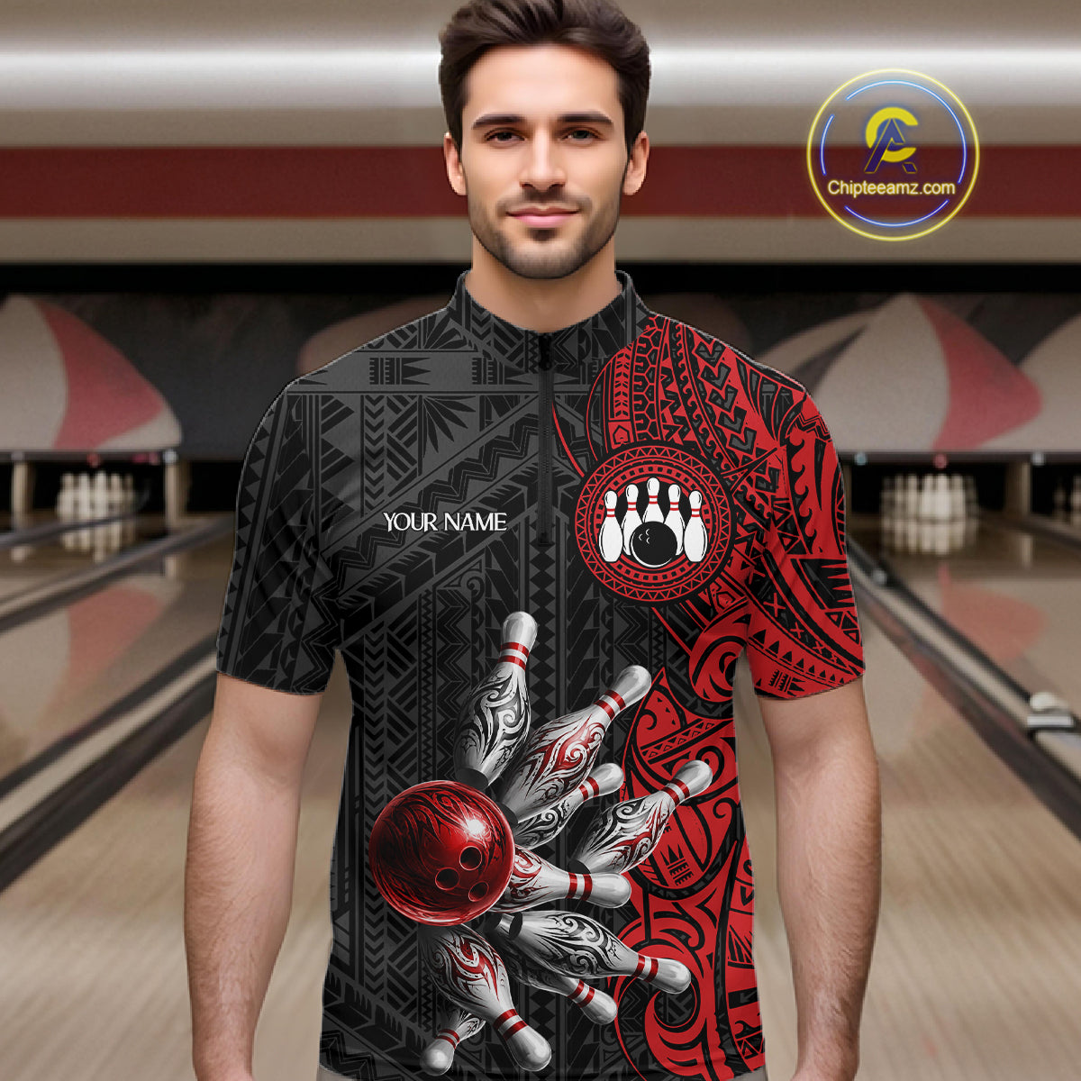 Red And Black Polynesian Tribal Bowling Ball & Pins Shirt For Men Custom Bowling Team Shirts Outfit NYN3201
