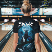 Load image into Gallery viewer, Woman wearing horror panther blue moon bowling shirt custom bowling apparel