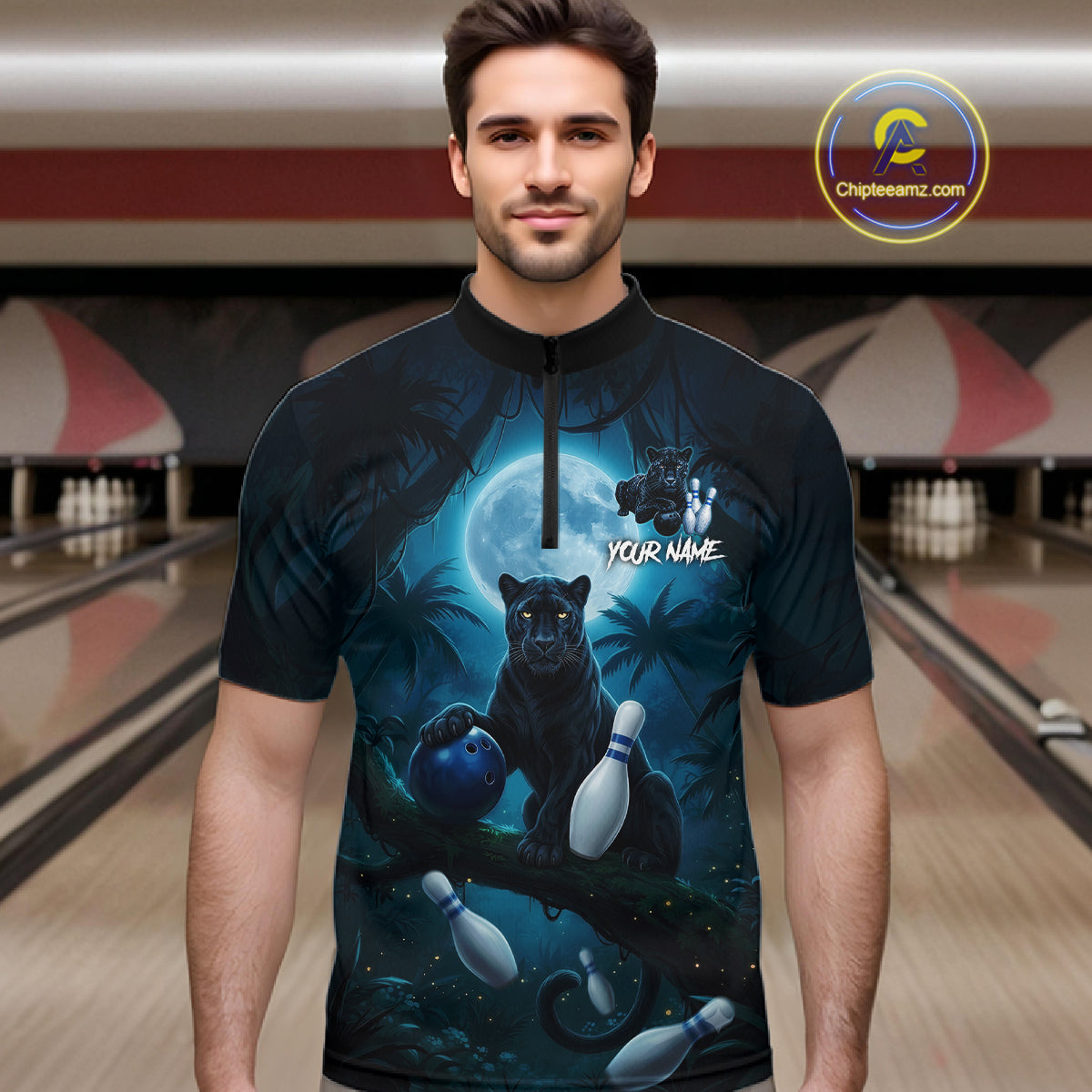 Man wearing horror panther blue moon bowling shirt custom bowling apparel