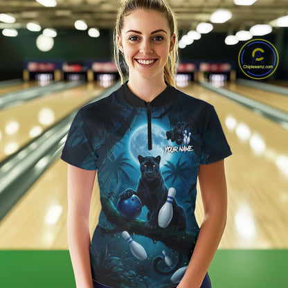 Woman wearing horror panther blue moon bowling shirt custom bowling apparel