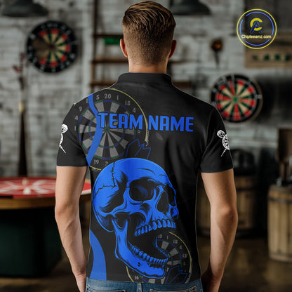 Male model wearing Black Blue Skull Darts Polo, Personalized Tournament Jersey