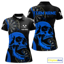 Load image into Gallery viewer, Personalized Black Blue Skull Women's Darts Polo Shirt Mockup, Skull Dart Tournament Jersey, Custom League Apparel