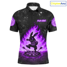 Load image into Gallery viewer, Crazy Rabbit Fire Flame Men's Darts Polo Shirt Mockup, Purple Dart League Jersey, Personalized Tournament Shirt