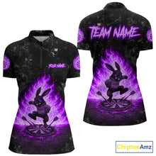 Load image into Gallery viewer, Crazy Rabbit Fire Flame Women's Quarter-Zip Darts Shirt Mockup, Purple Tournament Jersey, Personalized Dart Team Apparel