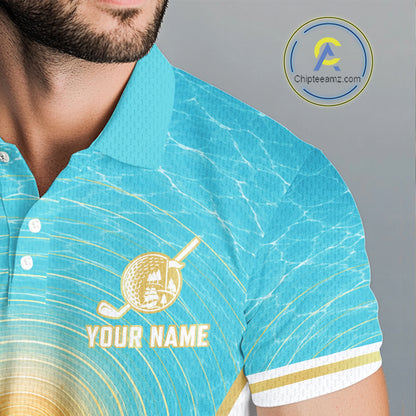 White, Gold And Blue Ocean Golf Polo Shirts For Men Custom Summer Golf Team Jersey, Golf Gifts NYN4032
