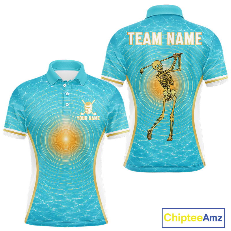 White, Gold & Blue Ocean Skeleton Golf Polo Shirts For Men Custom Skull Golf Team Jersey, Golf Gifts NYN4033