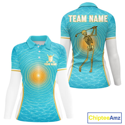White, Gold & Blue Ocean Skeleton Golf Polo Shirts For Women Custom Skull Golf Team Jersey, Golf Gifts NYN4033