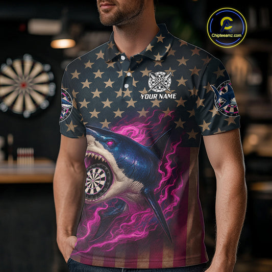 Custom Pink Flames Shark Patriotic Dart Polo Shirt For Men Outfit US Flag Dart Jersey NYN1361