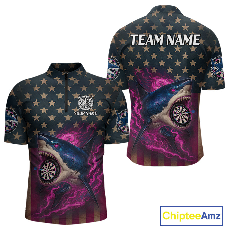 Custom Pink Flames Shark Patriotic Dart 1/4-Zip Shirt For Men Outfit US Flag Dart Jersey NYN1361