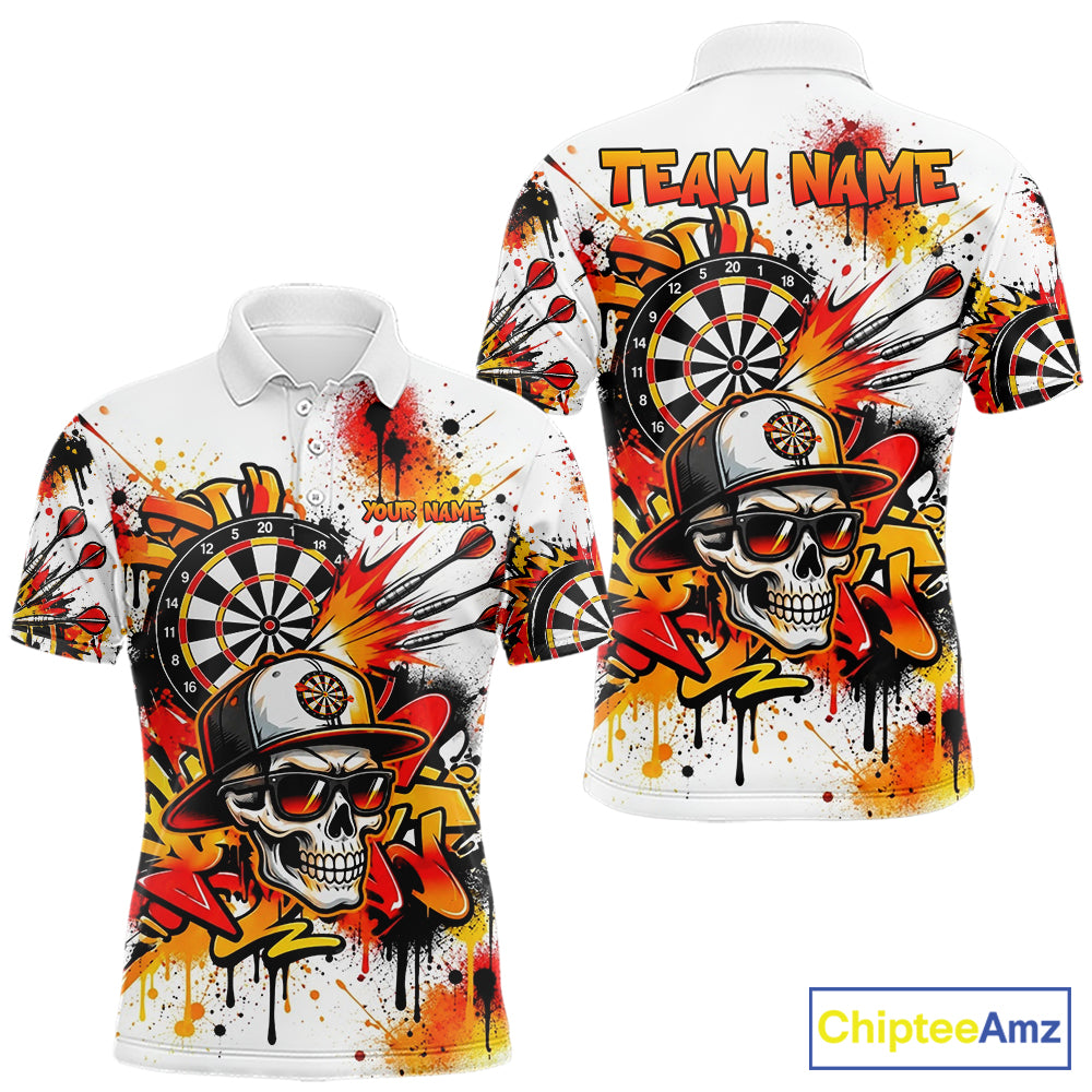 Splatter Skull Darts Polo 1/4-Zip Shirt For Men White And Orange Graffiti Darts Team Apparel Jersey NYN4787