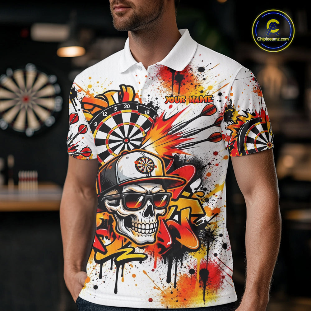Splatter Skull Darts Polo 1/4-Zip Shirt For Men White And Orange Graffiti Darts Team Apparel Jersey NYN4787