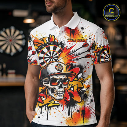 Splatter Skull Darts Polo 1/4-Zip Shirt For Men White And Orange Graffiti Darts Team Apparel Jersey NYN4787