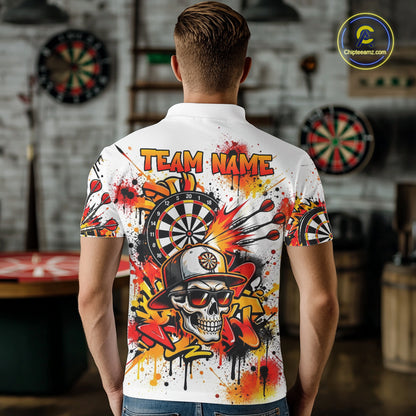 Splatter Skull Darts Polo 1/4-Zip Shirt For Men White And Orange Graffiti Darts Team Apparel Jersey NYN4787