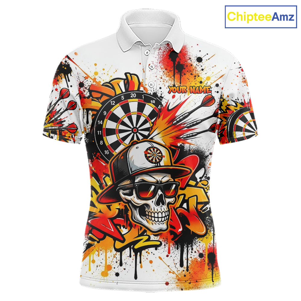 Splatter Skull Darts Polo 1/4-Zip Shirt For Men White And Orange Graffiti Darts Team Apparel Jersey NYN4787