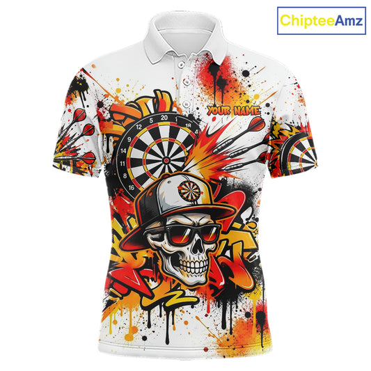 Splatter Skull Darts Polo 1/4-Zip Shirt For Men White And Orange Graffiti Darts Team Apparel Jersey NYN4787