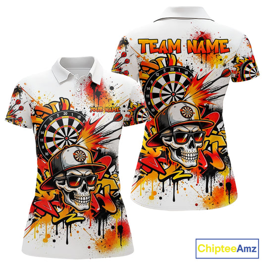 Splatter Skull Darts Polo 1/4-Zip Shirt For Women White And Orange Graffiti Darts Team Apparel Jersey NYN4787
