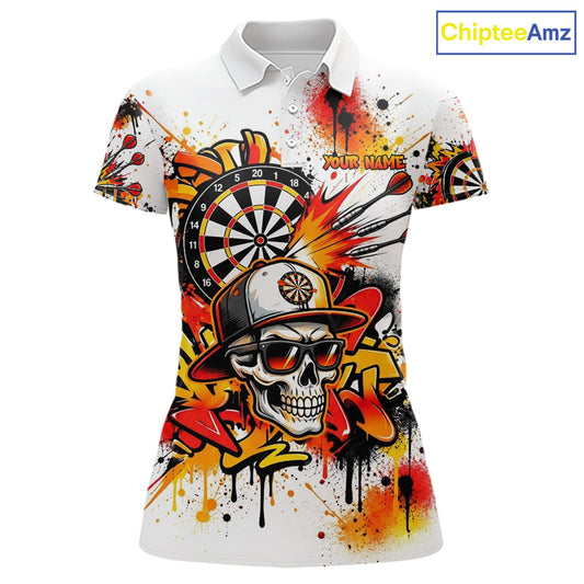Splatter Skull Darts Polo 1/4-Zip Shirt For Women White And Orange Graffiti Darts Team Apparel Jersey NYN4787