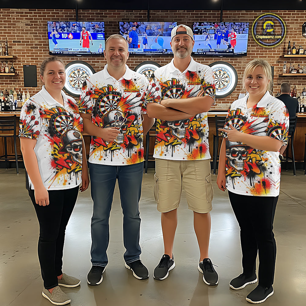 Splatter Skull Darts Polo 1/4-Zip Shirt For Men White And Orange Graffiti Darts Team Apparel Jersey NYN4787
