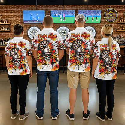 Splatter Skull Darts Polo 1/4-Zip Shirt For Men White And Orange Graffiti Darts Team Apparel Jersey NYN4787