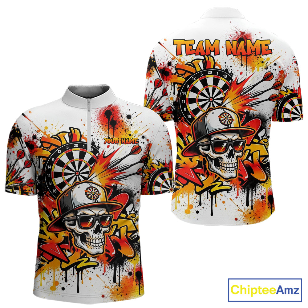 Splatter Skull Darts Polo 1/4-Zip Shirt For Men White And Orange Graffiti Darts Team Apparel Jersey NYN4787