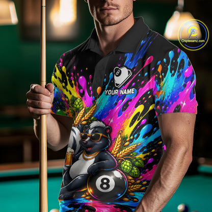 Funny Skunk 8-Ball Pool Team Shirt For Men Neon Paint Splash Custom Billiard Team Jersey NYN4795