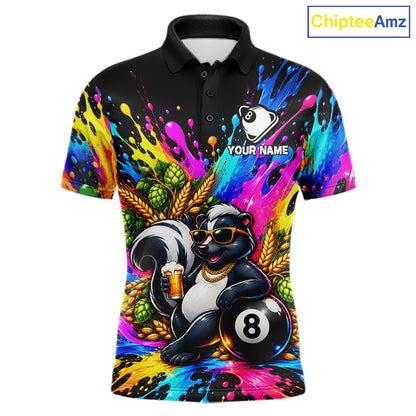 Funny Skunk 8-Ball Pool Team Shirt For Men Neon Paint Splash Custom Billiard Team Jersey NYN4795